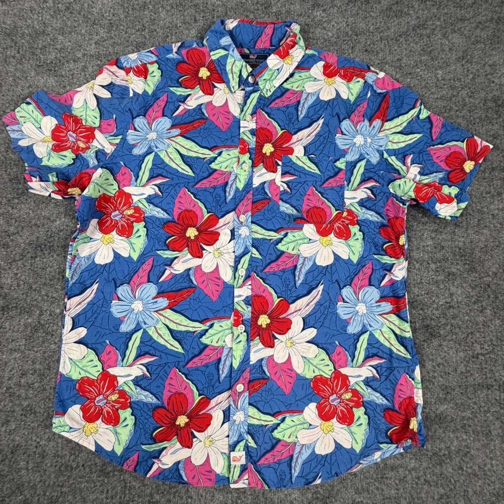 Vineyard Vines Murray Mens Shirt Large Slim Fit Floral Blue Short Sleeve EUC